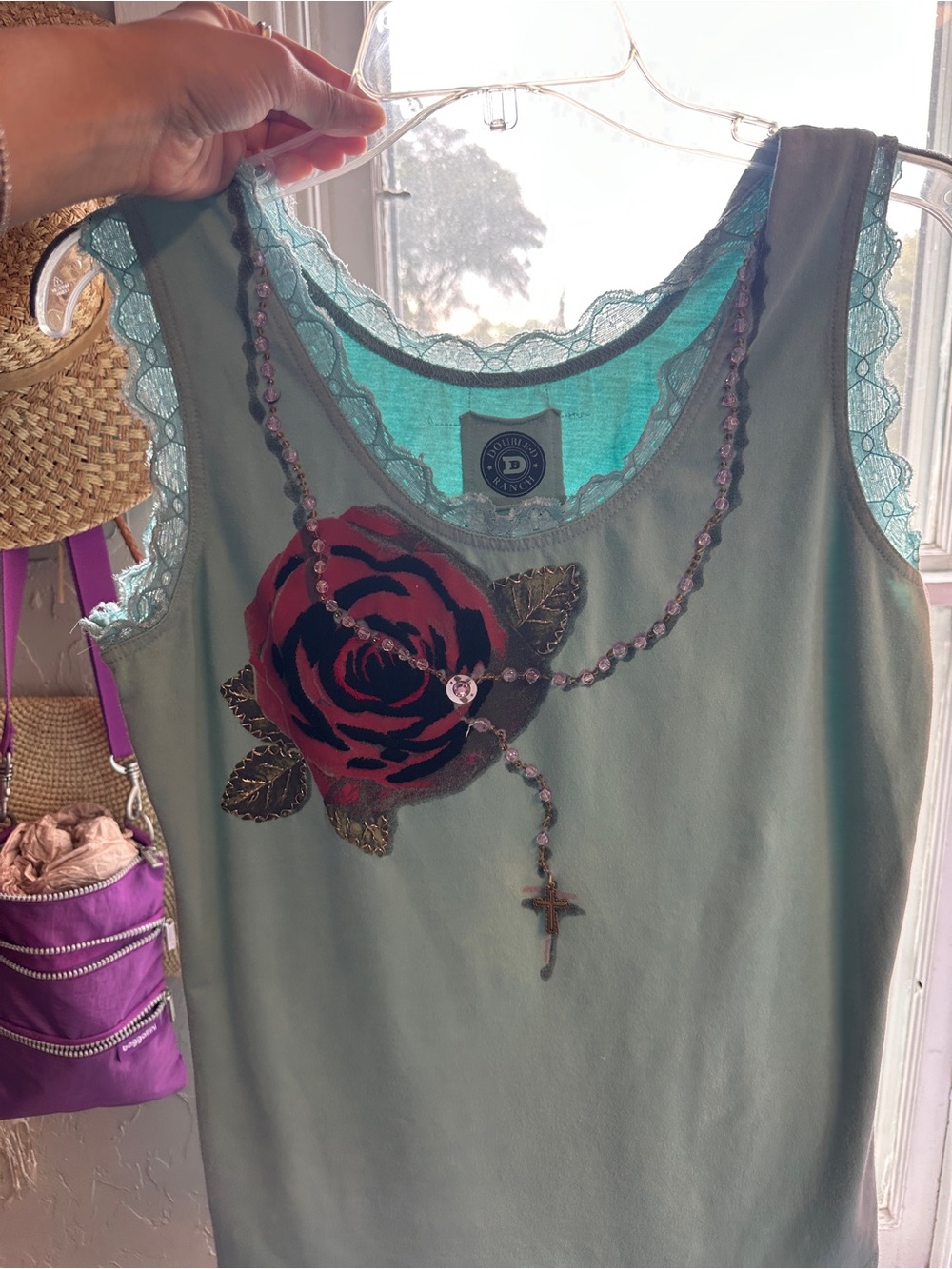 beaded rosary Tank with Red Rose Appliqué